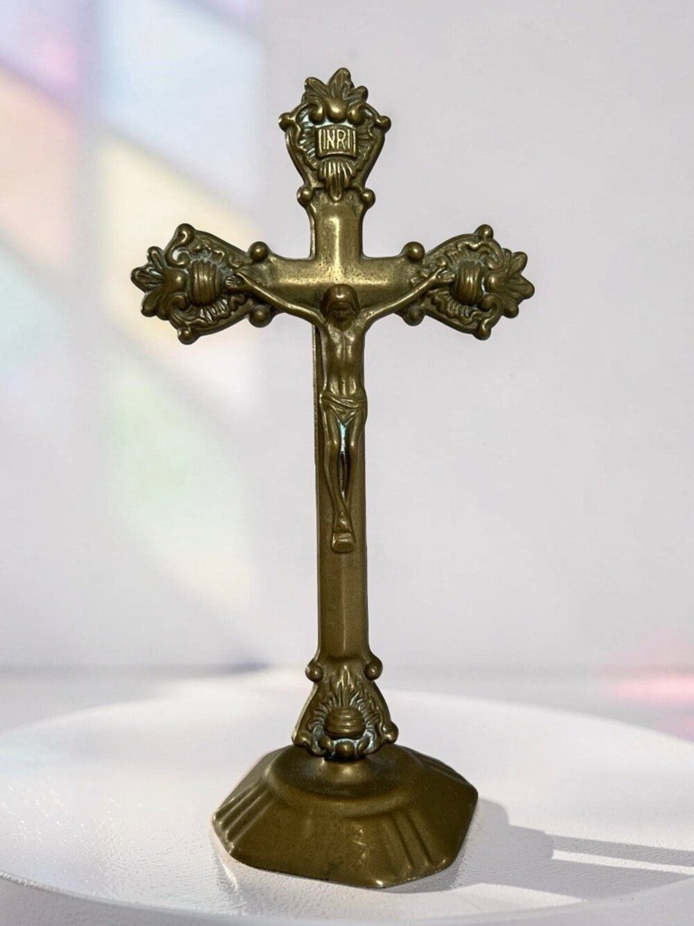 Vintage Brass Catholic Crucifix Altar Cross Standing 8” INRI Jesus Christ